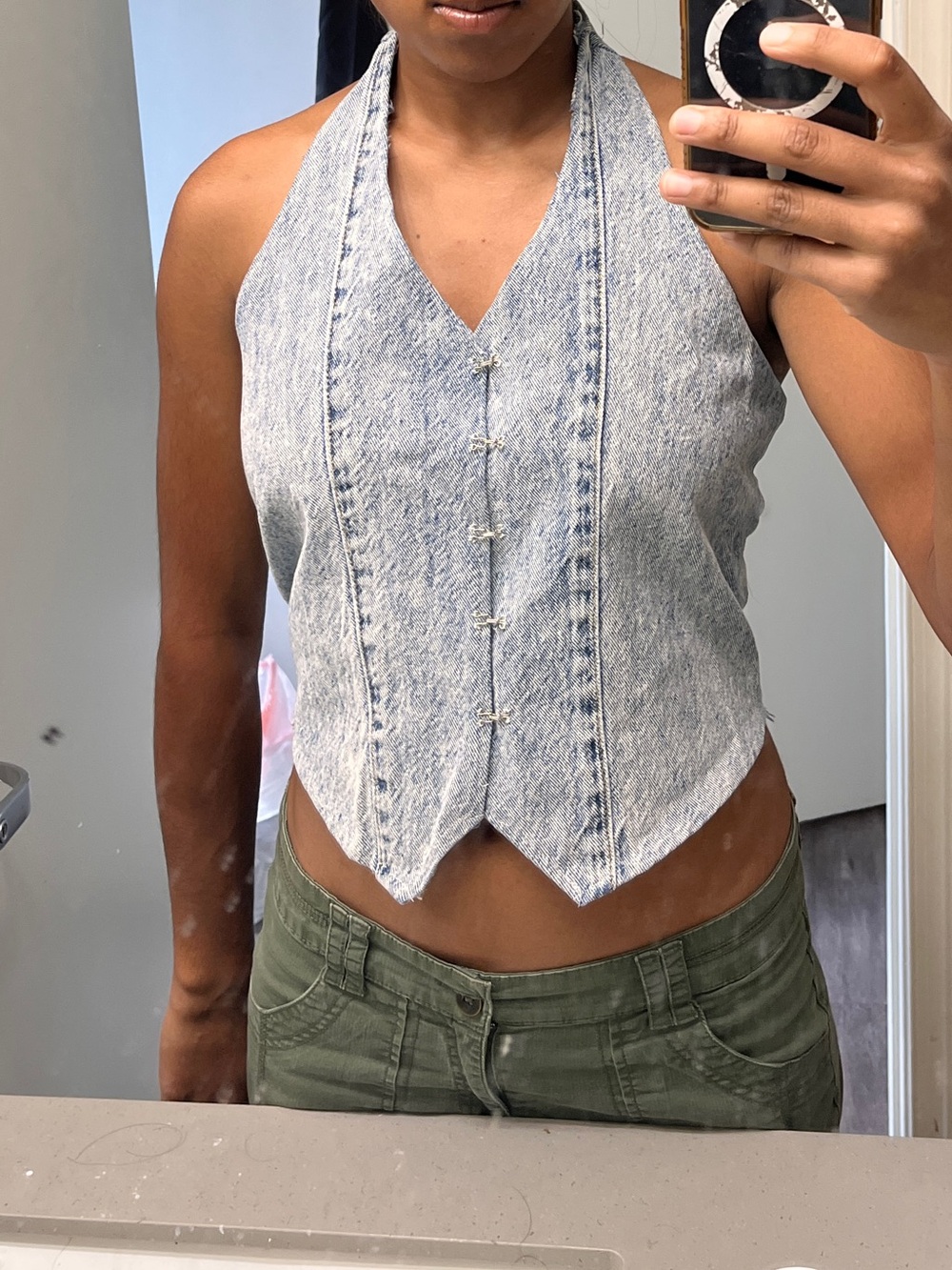 Light denim handmade upcycled clasp front halter top size S